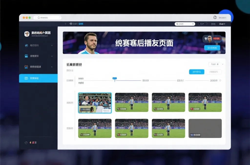 比赛结束后，电视屏幕展示集锦回放页面，旁边有时间轴和多角度切换提示